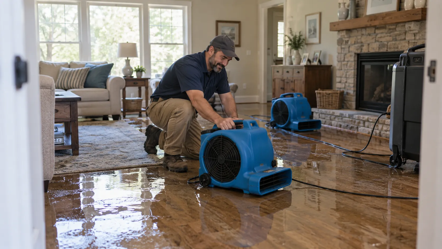 Water damage restoration technician drying a flooded living room in Hartford